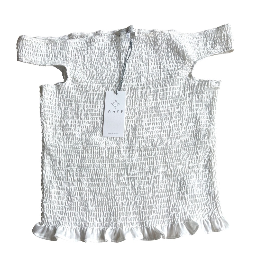 $65 NWT WAYF White Smocked Off The Shoulder Ruffle Hem Top L Coquette Festival